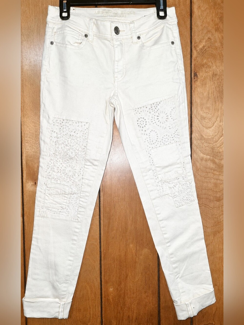 American Eagle Outfitters Cream Eyelet Patchwork Skinny Jeans- Size US 4